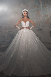 <tc>Trendiges bodenlanges A-Linien-Hochzeitskleid aus Spitze mit V-Ausschnitt und langen Ärmeln und Applikationen</tc>