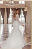 Trendy Long Sleeves V-Neck Mermaid Wedding Dress with Chapel Train-misshow.com