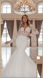 Trendy Long Sleeves V-Neck Mermaid Wedding Dress with Chapel Train-misshow.com