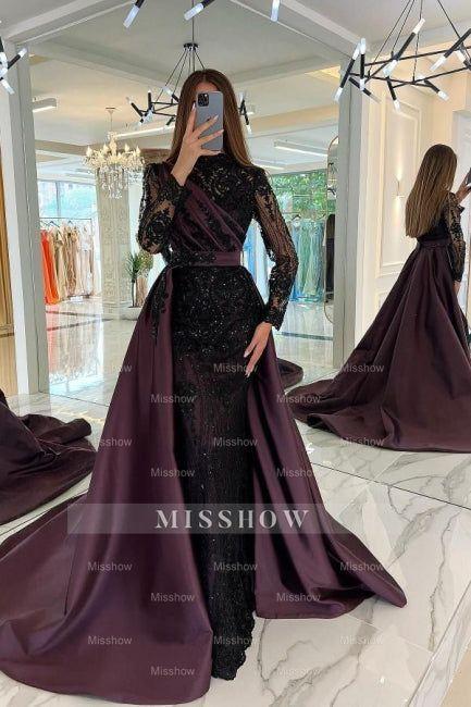 Turkish Mermaid High Neck Long Sleeves Evening Dresses With Black Lace – misshow.com Turkish Mermaid High Neck Long Sleeves Evening Dresses With Black Lace – misshow.com
