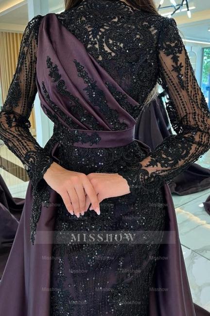 Turkish Mermaid High Neck Long Sleeves Evening Dresses With Black Lace Turkish Mermaid High Neck Long Sleeves Evening Dresses With Black Lace