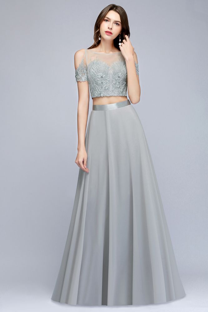 Looking for Prom Dresses in 100D Chiffon, A-line,Two Pieces style, and Gorgeous Appliques work  MISSHOW has all covered on this elegant Two-piece Floor Length Appliqued Chiffon Prom Dresses