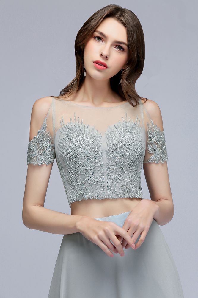 Looking for Prom Dresses in 100D Chiffon, A-line,Two Pieces style, and Gorgeous Appliques work  MISSHOW has all covered on this elegant Two-piece Floor Length Appliqued Chiffon Prom Dresses