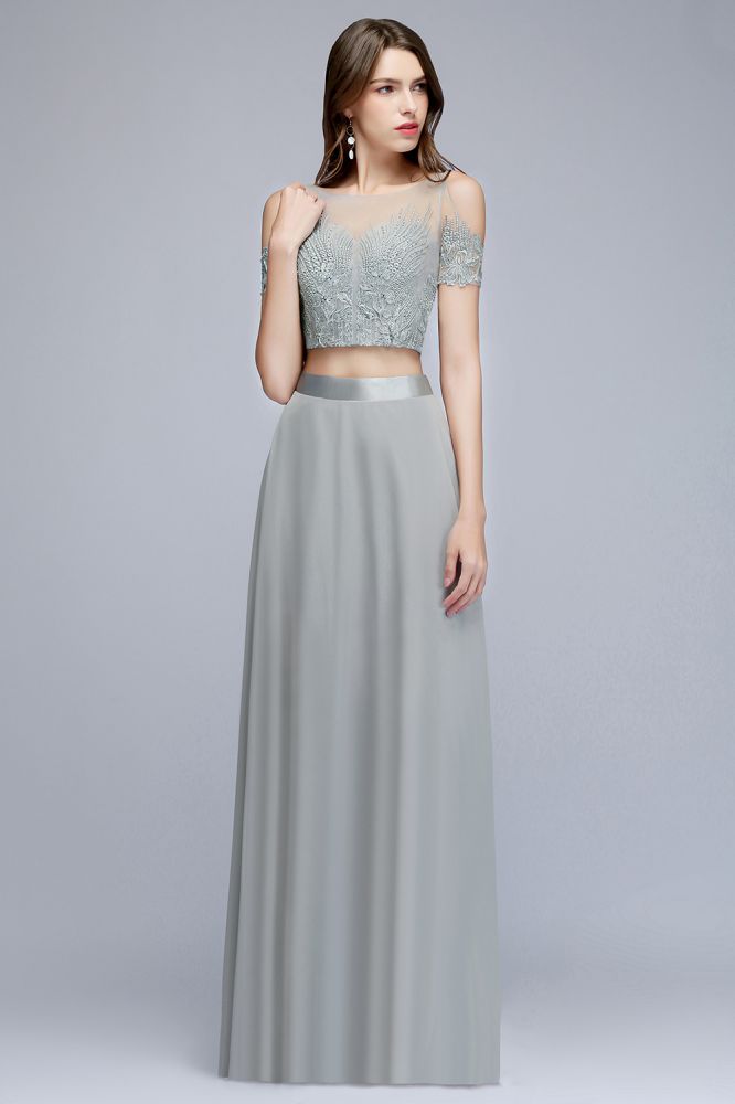 Looking for Prom Dresses in 100D Chiffon, A-line,Two Pieces style, and Gorgeous Appliques work  MISSHOW has all covered on this elegant Two-piece Floor Length Appliqued Chiffon Prom Dresses