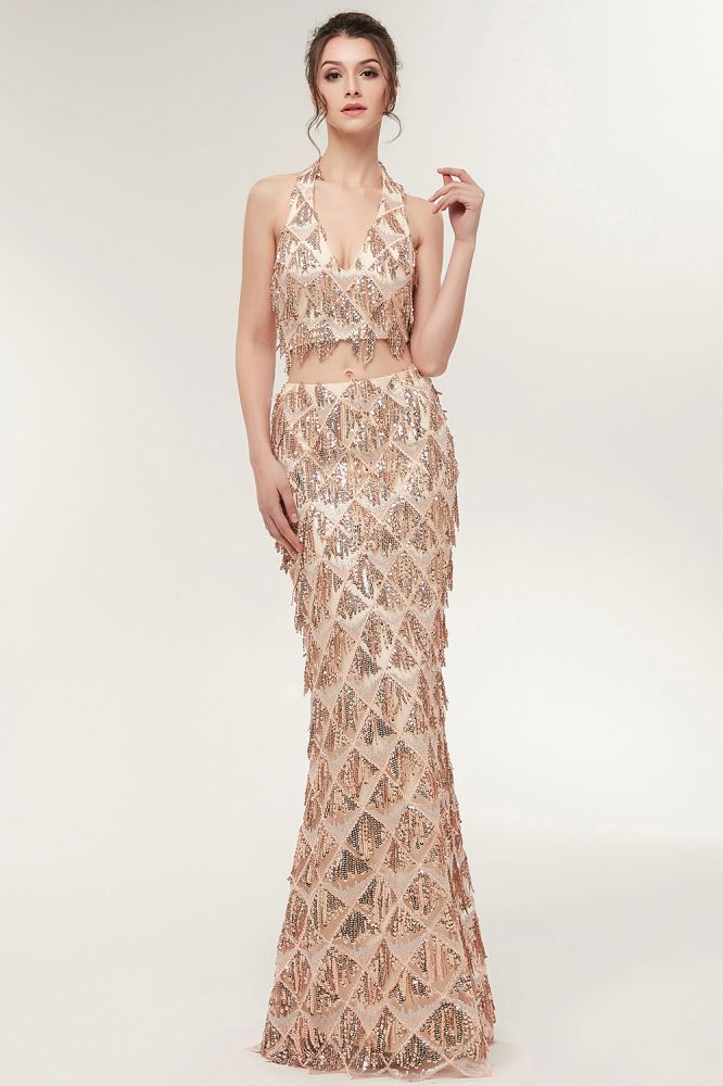MISSHOW offers Two-piece Halter Mermaid Long Sequined Patterns Champagne Prom Dresses at a cheap price from Champagne, 100D Chiffon to Mermaid,Two Pieces Floor-length hem. Stunning yet affordable Sleeveless Prom Dresses,Evening Dresses.