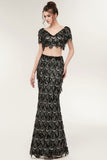 Two-piece Mermaid V-neck Short Sleeves Long Sequined Black Prom Dresses