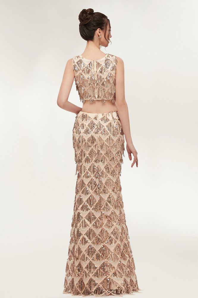 MISSHOW offers Two-piece Sleeveless Mermaid Floor Length Sequined Champagne Prom Dresses at a cheap price from Champagne, 100D Chiffon,Sequined to Mermaid,Two Pieces Floor-length hem. Stunning yet affordable Sleeveless Prom Dresses,Evening Dresses.