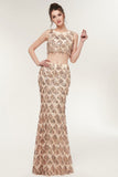 Two-piece Sleeveless Mermaid Floor Length Sequined Champagne Prom Dresses