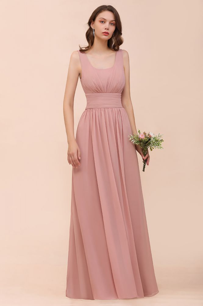 U-Neck High Waist Bridesmaid Dress Long Chiffon Formal Party Dress-misshow.com