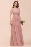 U-Neck High Waist Bridesmaid Dress Long Chiffon Formal Party Dress-misshow.com
