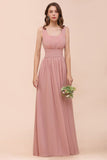 U-Neck High Waist Bridesmaid Dress Long Chiffon Formal Party Dress-misshow.com