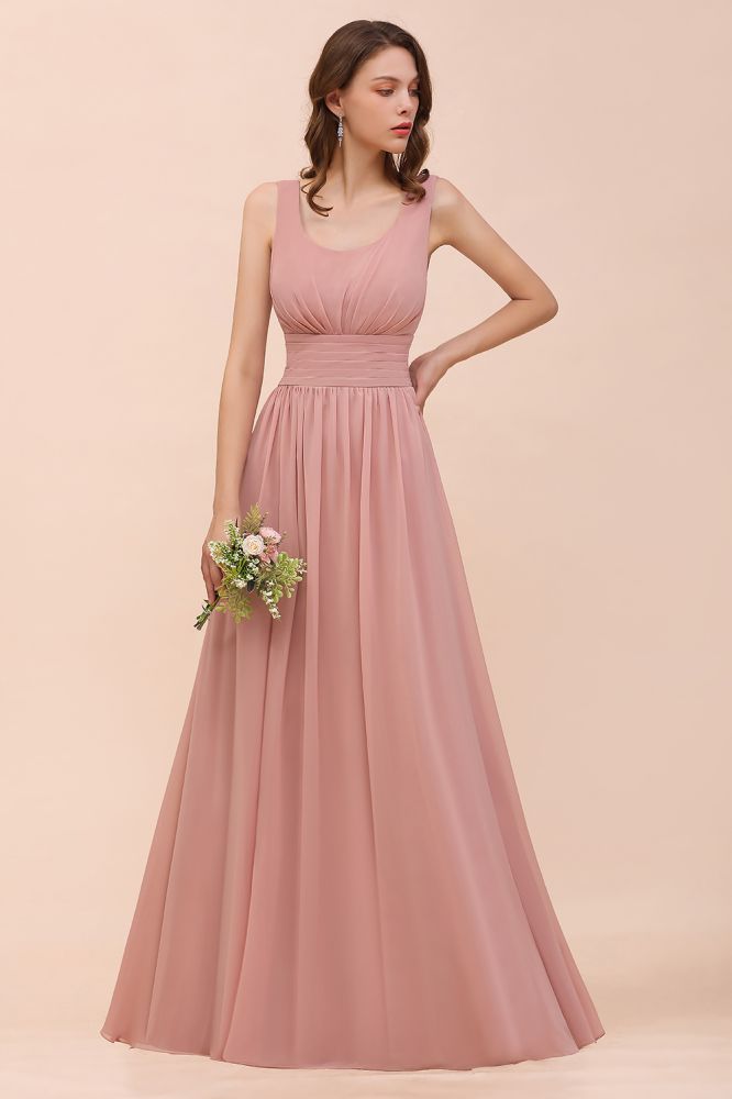 U-Neck High Waist Bridesmaid Dress Long Chiffon Formal Party Dress-misshow.com