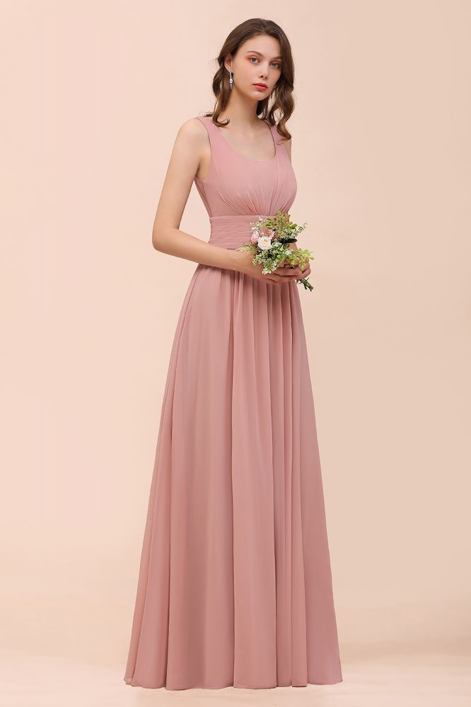 U-Neck High Waist Bridesmaid Dress Long Chiffon Formal Party Dress-misshow.com