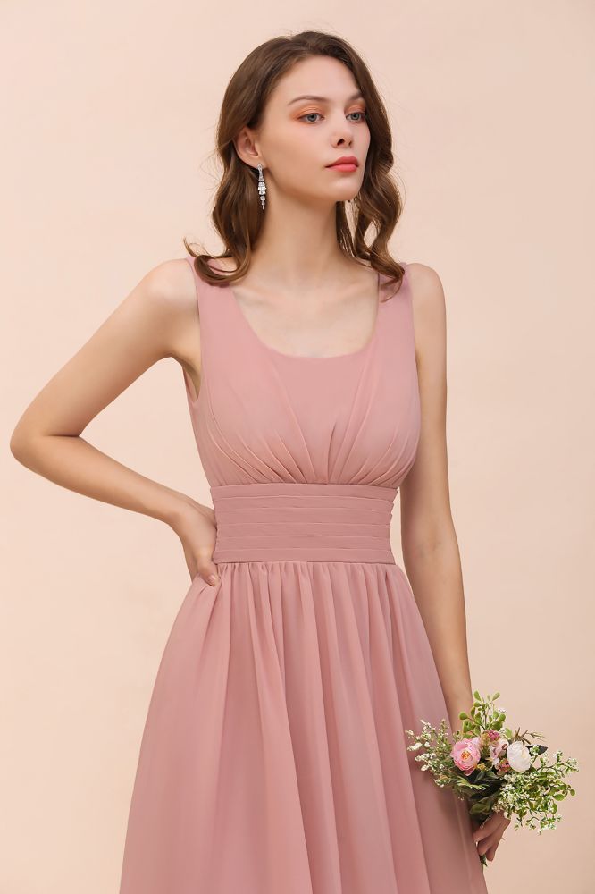 U-Neck High Waist Bridesmaid Dress Long Chiffon Formal Party Dress-misshow.com
