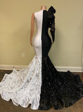 Unique Bicolor V-neck One Shoulder Long Sleeve Column Mermaid Prom Dresses-misshow.com
