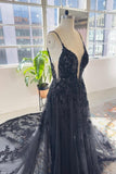 Unique black spaghetti straps sleeveless a-line lace sequined Wedding Dress-misshow.com