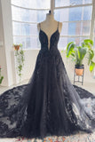 Unique black spaghetti straps sleeveless a-line lace sequined Wedding Dress-misshow.com