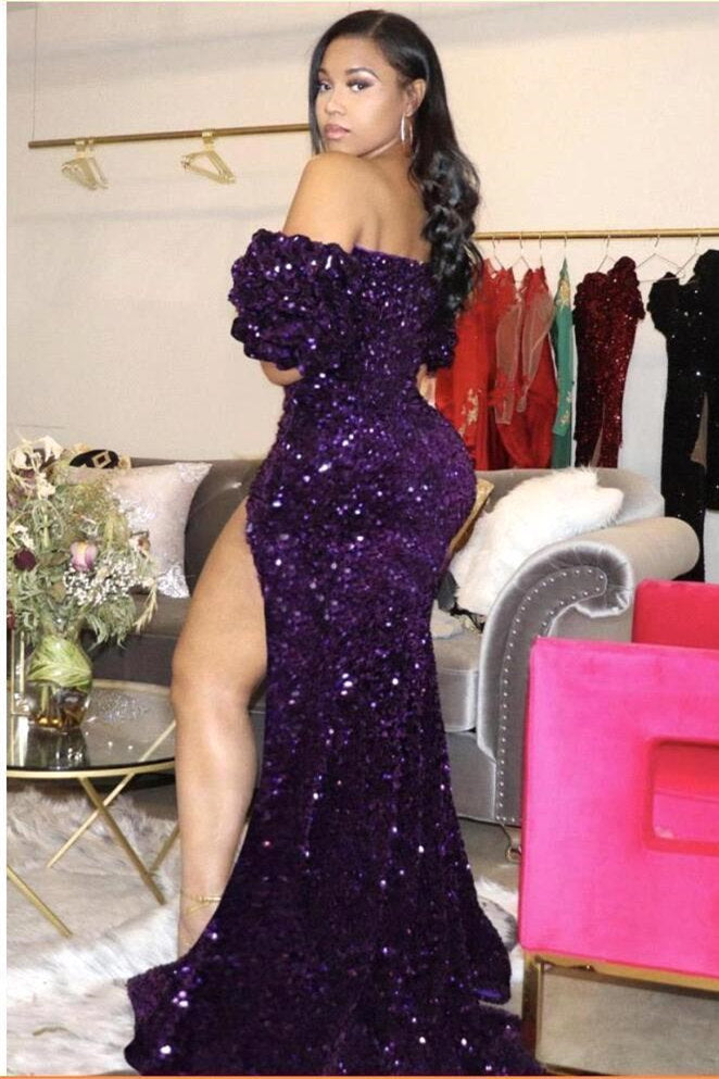 Unique Black V-neck Off-the-Shoulder Sequins Asymmetrical Column Prom Evening Dresses-misshow.com