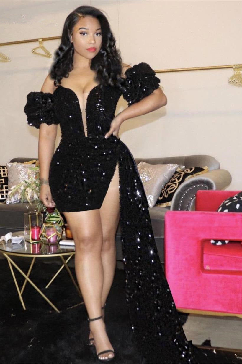 Unique Black V-neck Off-the-Shoulder Sequins Asymmetrical Column Prom Evening Dresses-misshow.com