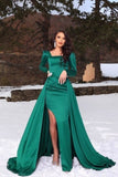 Unique Green Square Long-Sleeve A-Line Floor-Length Satin Prom Dresses with Ruffles