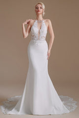 Unique Halter Sleeveless Mermaid Floor-Length Satin Wedding Dresses with Pattern-misshow.com