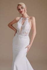 Unique Halter Sleeveless Mermaid Floor-Length Satin Wedding Dresses with Pattern-misshow.com
