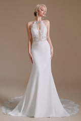 Unique Halter Sleeveless Mermaid Floor-Length Satin Wedding Dresses with Pattern-misshow.com