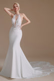 Unique Halter Sleeveless Mermaid Floor-Length Satin Wedding Dresses with Pattern-misshow.com