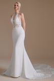 Unique Halter Sleeveless Mermaid Floor-Length Satin Wedding Dresses with Pattern-misshow.com