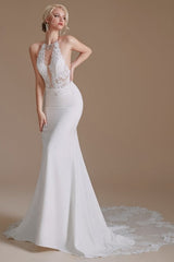 Unique Halter Sleeveless Mermaid Floor-Length Satin Wedding Dresses with Pattern-misshow.com