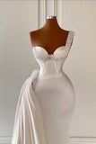 Unique Ivory One-Shoulder Sweetheart Sleeveless A-line Wedding Dresses With Beads-misshow.com