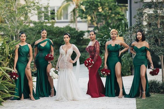 Unique Off-the-shoulder Strapless Emerald Green Elastic Satin Long Bridesmaid Dress-misshow.com