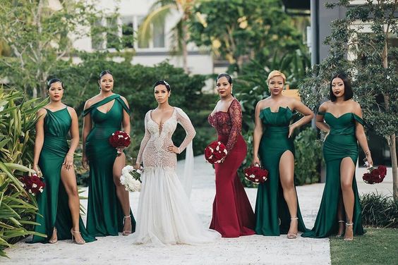 Unique Off-the-shoulder Strapless Emerald Green Elastic Satin Long Bridesmaid Dress Unique Off-the-shoulder Strapless Emerald Green Elastic Satin Long Bridesmaid Dress