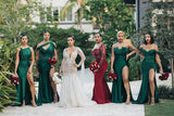 Unique Off-the-shoulder Strapless Emerald Green Elastic Satin Long Bridesmaid Dress-misshow.com