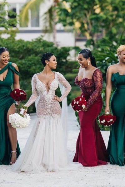 Unique Off-the-shoulder Strapless Emerald Green Elastic Satin Long Bridesmaid Dress Unique Off-the-shoulder Strapless Emerald Green Elastic Satin Long Bridesmaid Dress