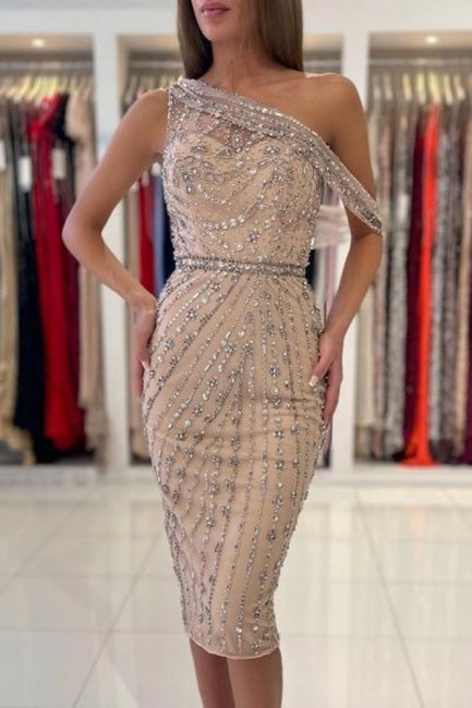 Unique One-shoulder Sleeveless Mermaid Satin Prom Dresses with Beading-misshow.com