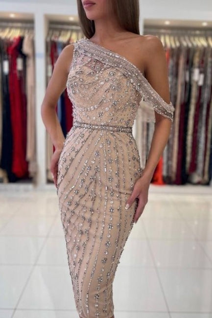 Sequined Burgundy One Shoulder Sleeveless Mermaid Prom Dress