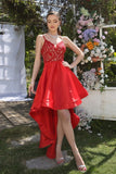 Unique Red Spaghetti Straps Sleeveless A-Line Prom Dresses with Lace-misshow.com