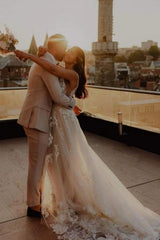 Unique Spaghetti Straps Sleeveless Column Floor-Length Lace Wedding Dresses with Appliques-misshow.com