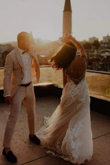 Unique Spaghetti Straps Sleeveless Column Floor-Length Lace Wedding Dresses with Appliques-misshow.com