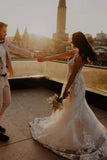 Unique Spaghetti Straps Sleeveless Column Floor-Length Lace Wedding Dresses with Appliques-misshow.com