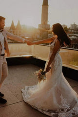 Unique Spaghetti Straps Sleeveless Column Floor-Length Lace Wedding Dresses with Appliques-misshow.com