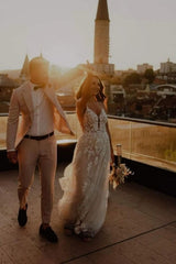 Unique Spaghetti Straps Sleeveless Column Floor-Length Lace Wedding Dresses with Appliques-misshow.com