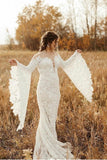 Unique Sweetheart Long-Sleeve Mermaid Floor-Length Lace Wedding Dresses with Chapel Train-misshow.com