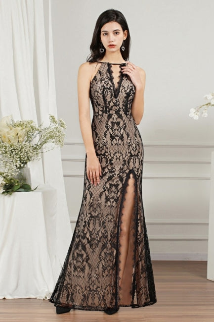 Unique V-Neck Sleeveless Mermaid Front-Split Tulle Prom Dresses with Appliques-misshow.com
