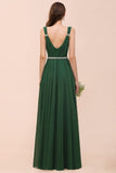 V-Neck A-line Dark Green Bridesmaid Dress Rhinestone Waist Belt-misshow.com