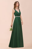 V-Neck A-line Dark Green Bridesmaid Dress Rhinestone Waist Belt-misshow.com