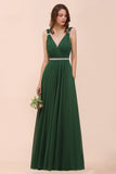 V-Neck A-line Dark Green Bridesmaid Dress Rhinestone Waist Belt-misshow.com