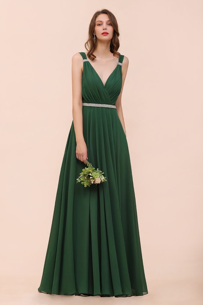 V-Neck A-line Dark Green Bridesmaid Dress Rhinestone Waist Belt | MISSHOW V-Neck A-line Dark Green Bridesmaid Dress Rhinestone Waist Belt | MISSHOW