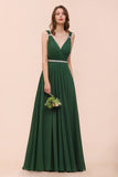 V-Neck A-line Dark Green Bridesmaid Dress Rhinestone Waist Belt-misshow.com
